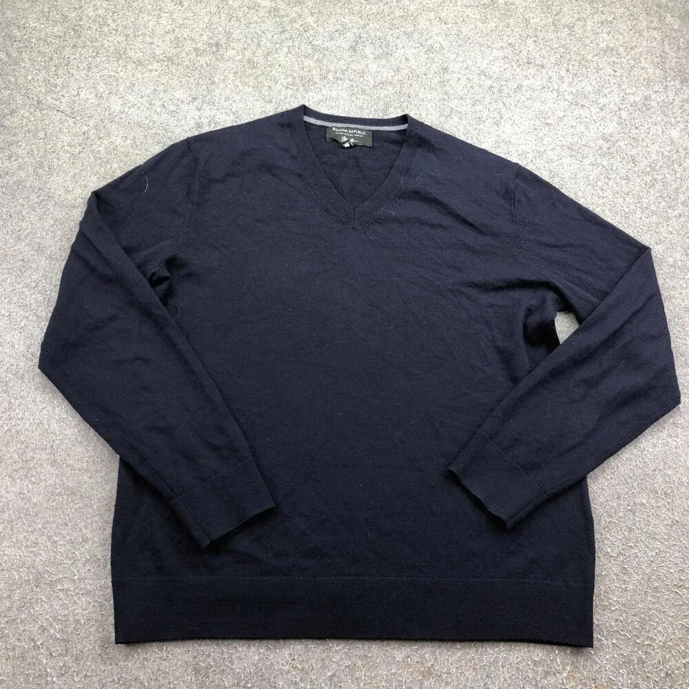 Banana Republic Sweater Mens Large Blue V Neck Italian Merino Wool Knit Pullover